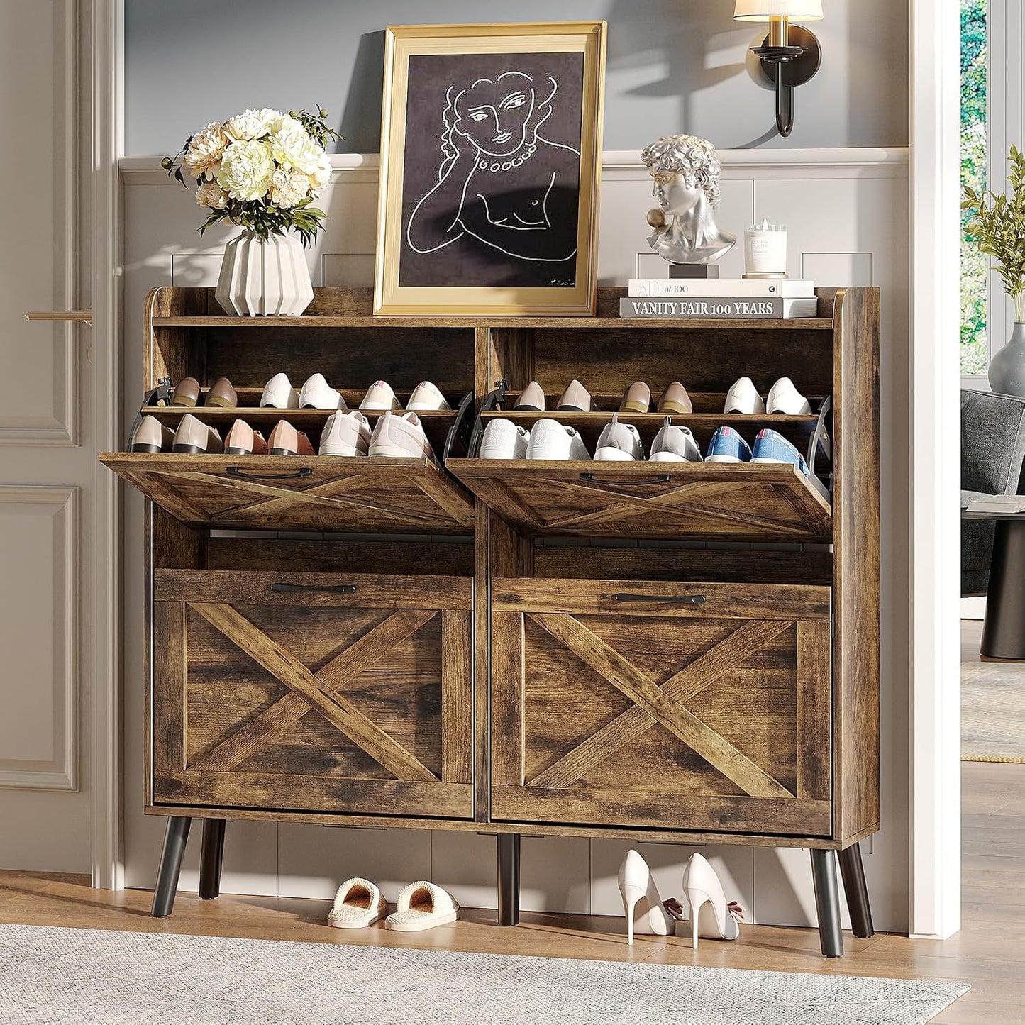 Slim Entryway Shoe Cabinet with 2 Flip Drawers