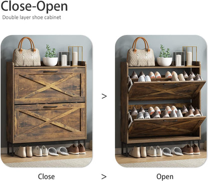 Slim Entryway Shoe Cabinet with 2 Flip Drawers