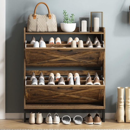 Slim Entryway Shoe Cabinet with 2 Flip Drawers