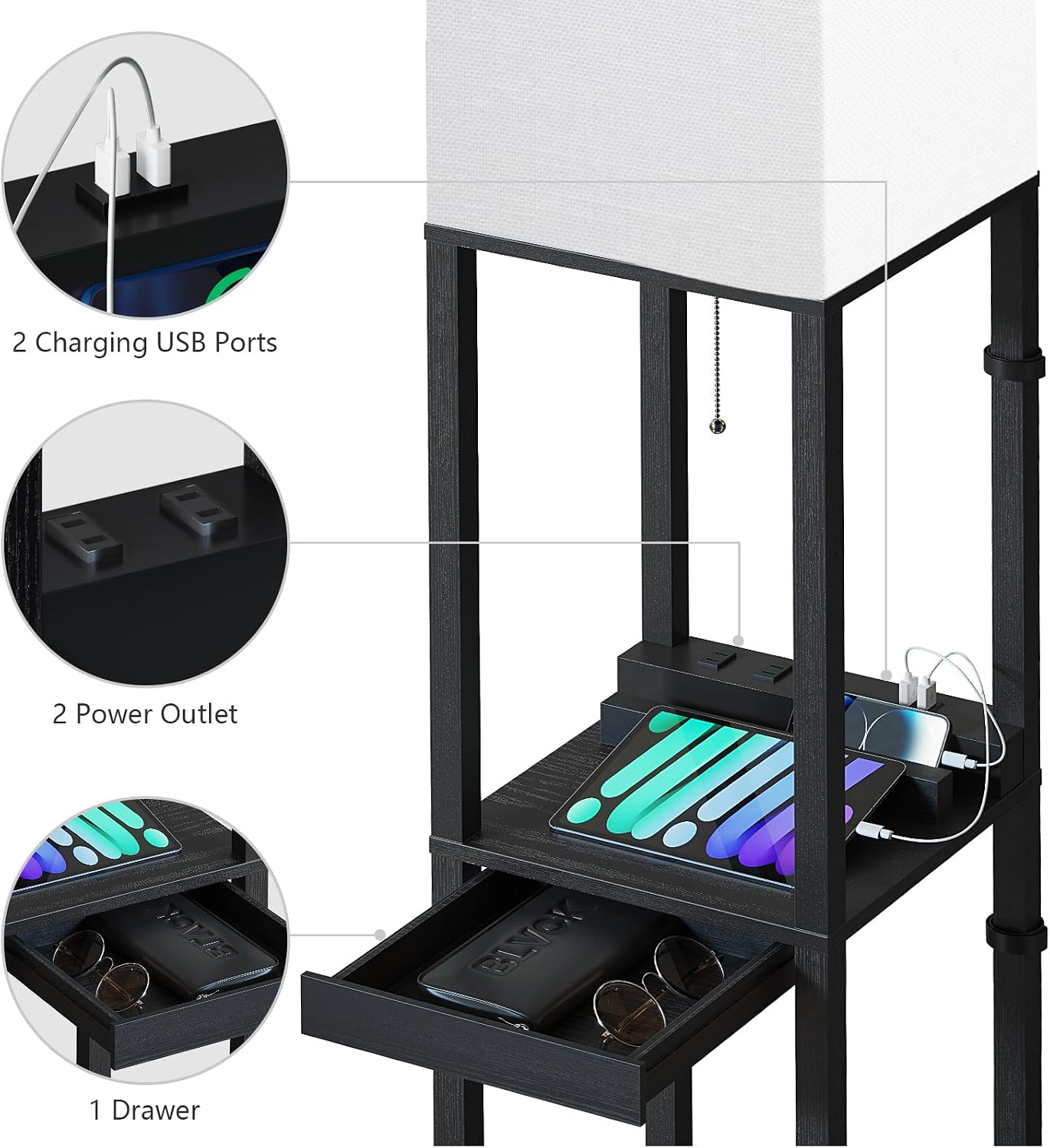 RGB Floor Lamp with Shelves & Drawer
