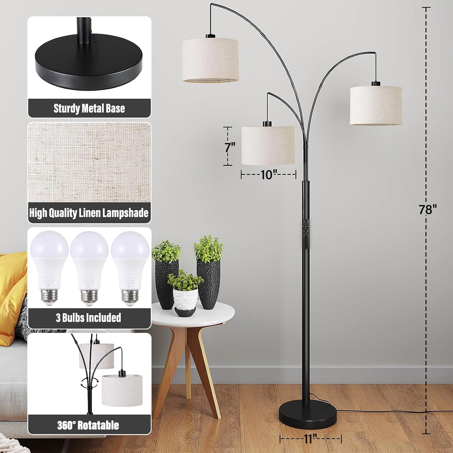 3-Light Arc Floor Lamp with Remote Control