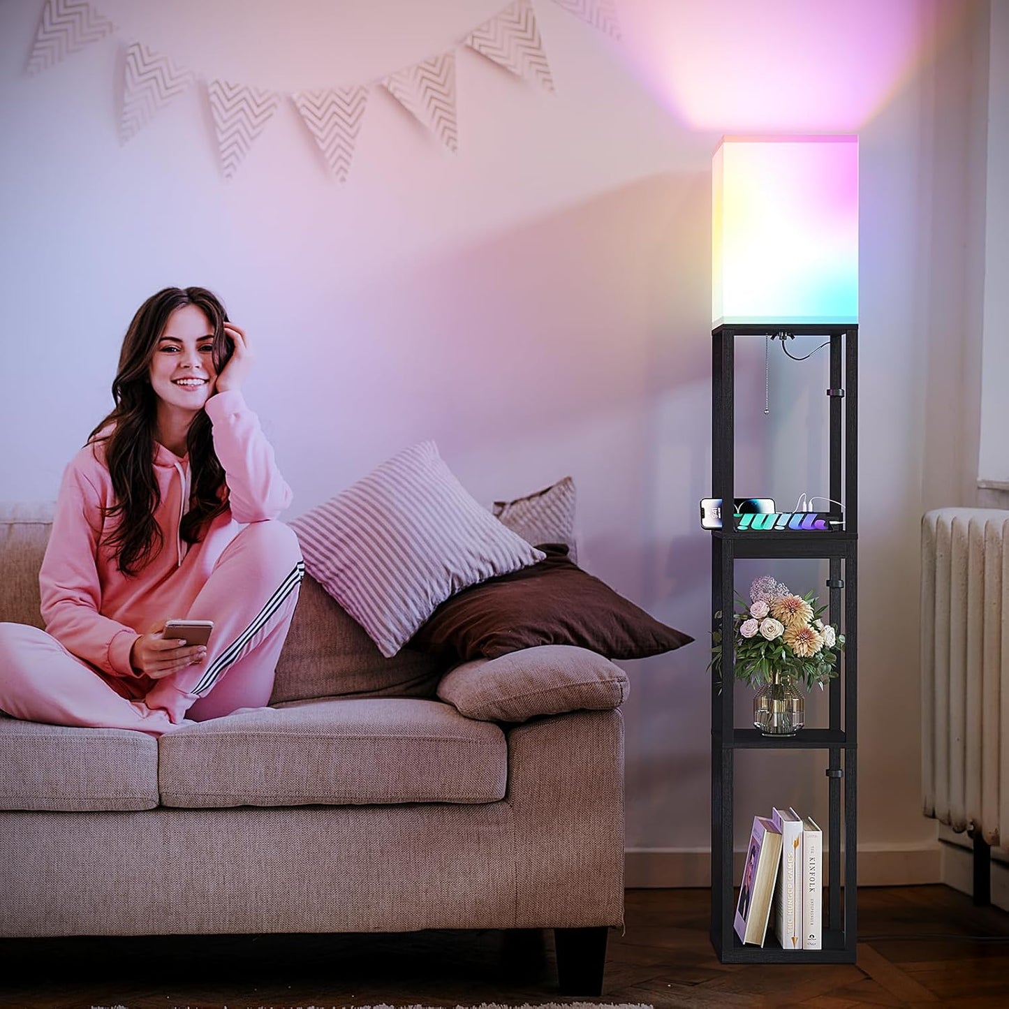 RGB Floor Lamp with Shelves & Drawer