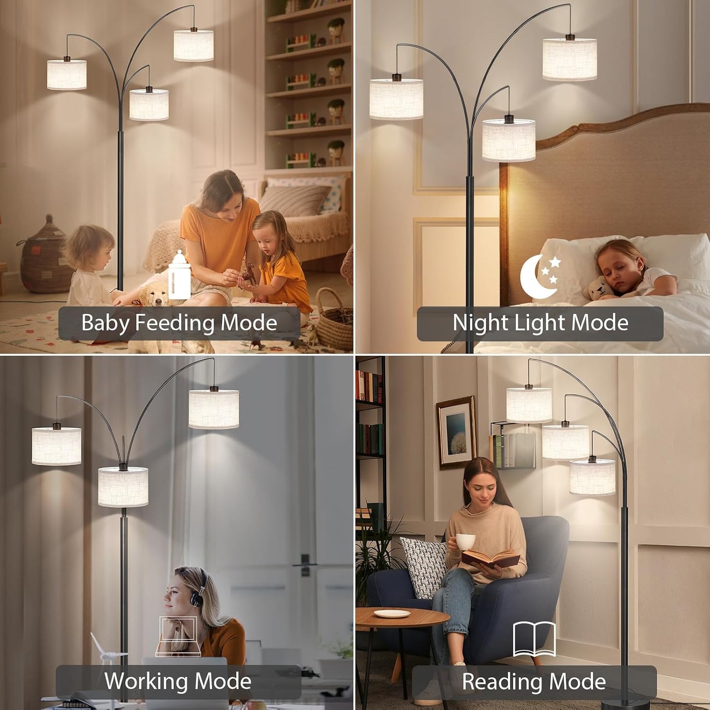 3-Light Arc Floor Lamp with Remote Control