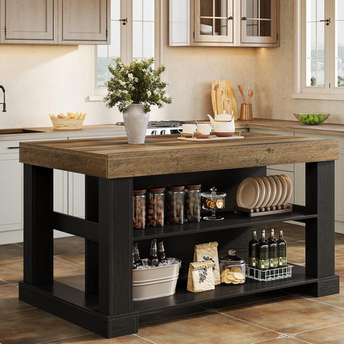 55-Inch Kitchen Island with 3-Tier Storage