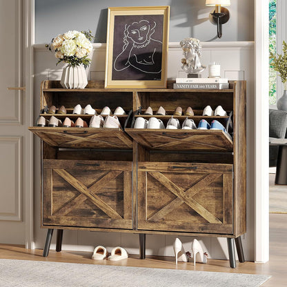 Slim Entryway Shoe Cabinet with 2 Flip Drawers