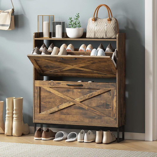 Slim Entryway Shoe Cabinet with 2 Flip Drawers
