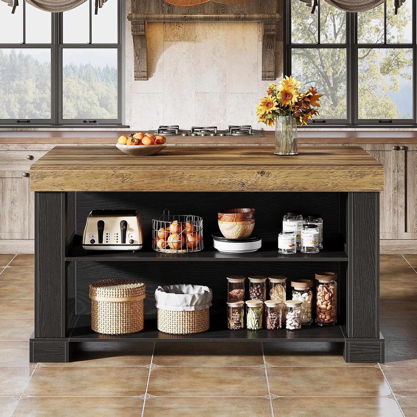 55-Inch Kitchen Island with 3-Tier Storage