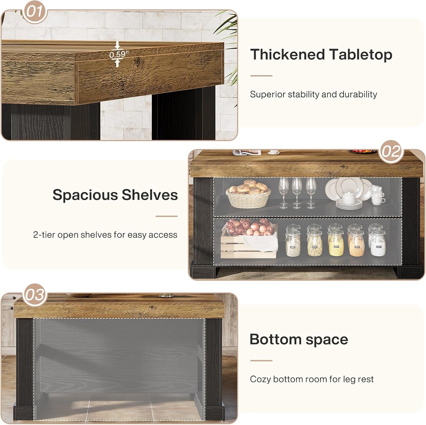 55-Inch Kitchen Island with 3-Tier Storage