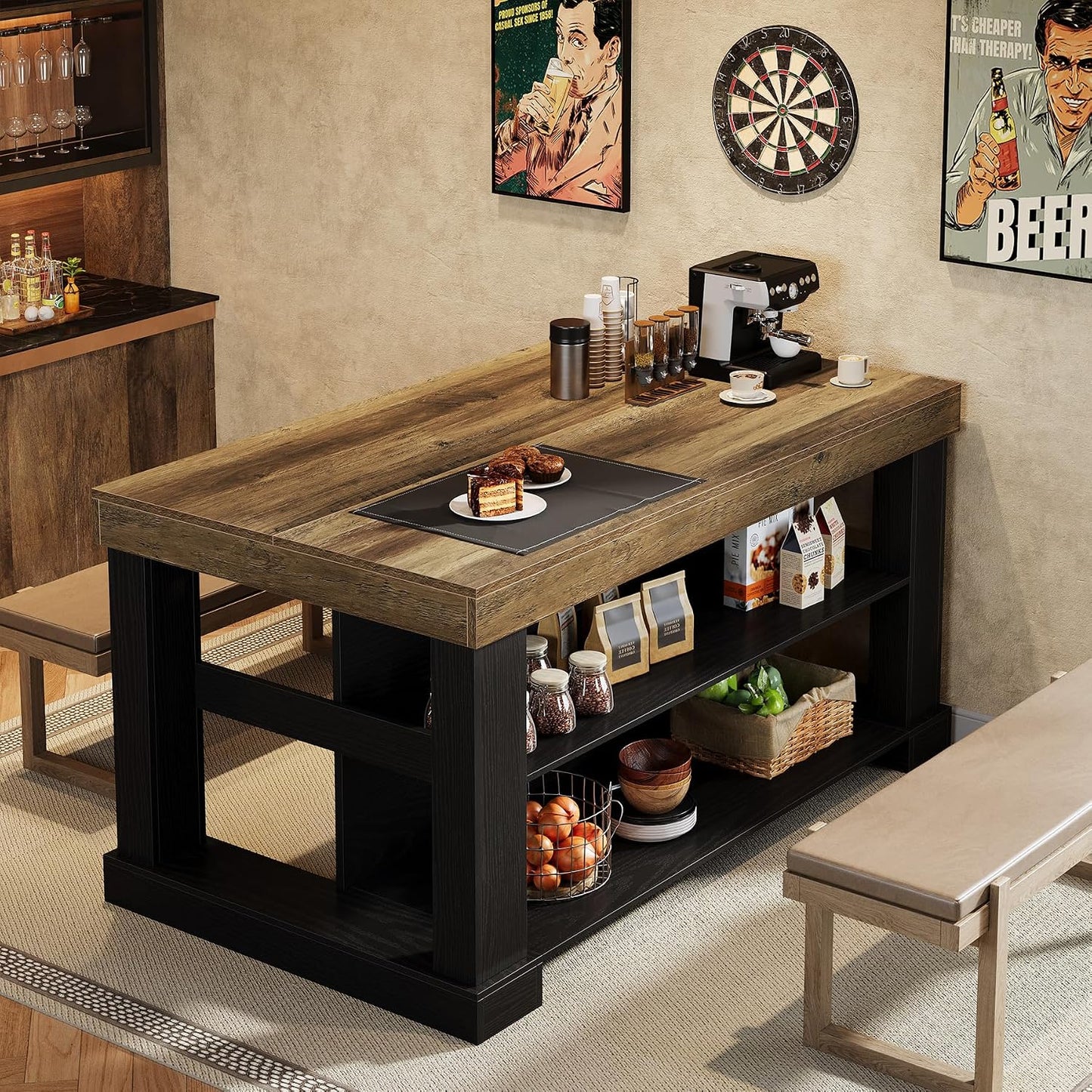 55-Inch Kitchen Island with 3-Tier Storage